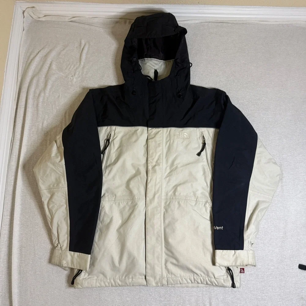 The North Face HyVent Parka Jacket Men L Cream Black Hooded Colorblock